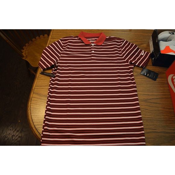 NEW Mens Large NIKE Dri Fit Striped Golf Polo Shirt Red Black White BV0367-609 - Picture 1 of 2